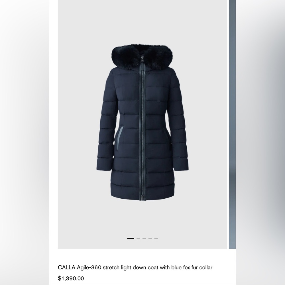 Mackage Navy Blue Puffer with black leather accents and removable fox fur collar